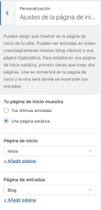 Página estática como página de inicio desde Apariencia