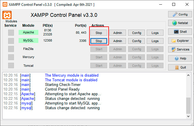 Comprobar servicios en XAMPP
