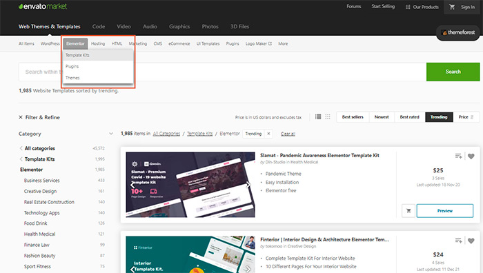 Descargar Template Kits para Elementor desde Envato