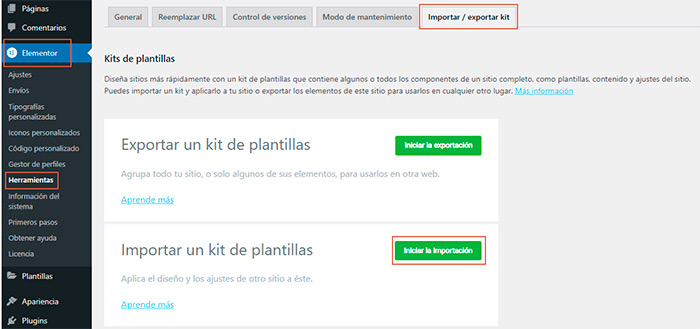 Importar Template Kit para Elementor