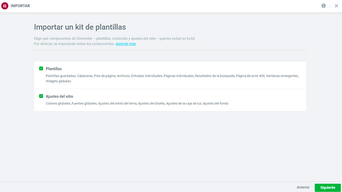 Importar un kit de plantillas para Elementor