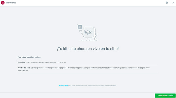 Termplate kit para Elementor instalado