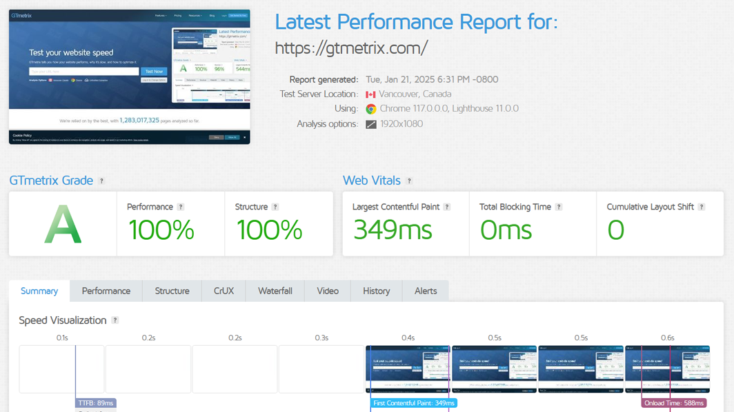 Informe de Web Core Vitals de GTMetrix
