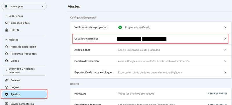 Gestión de usuarios en Search Console